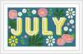 The image contains the word 'JULY' in bold letters set against a blue background, adorned with various pink, white, and yellow flowers and green leaves spread around the text.