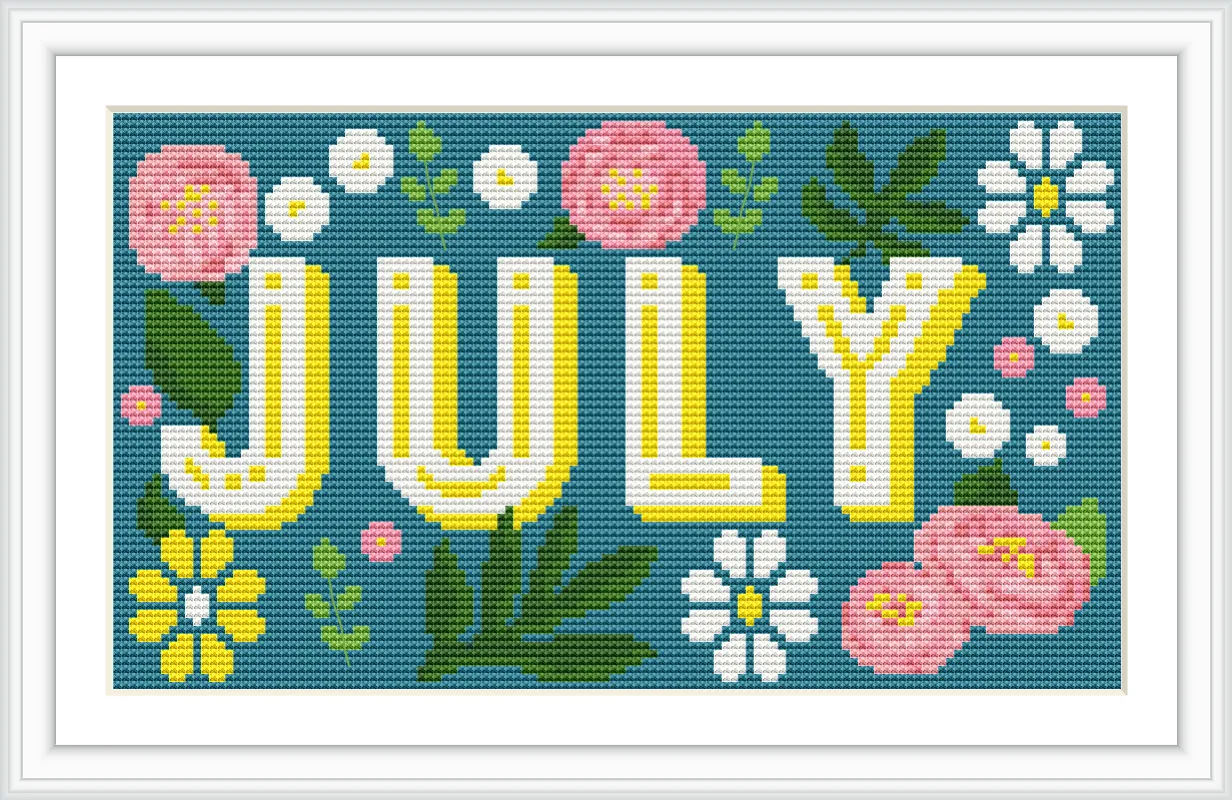 The image contains the word 'JULY' in bold letters set against a blue background, adorned with various pink, white, and yellow flowers and green leaves spread around the text.