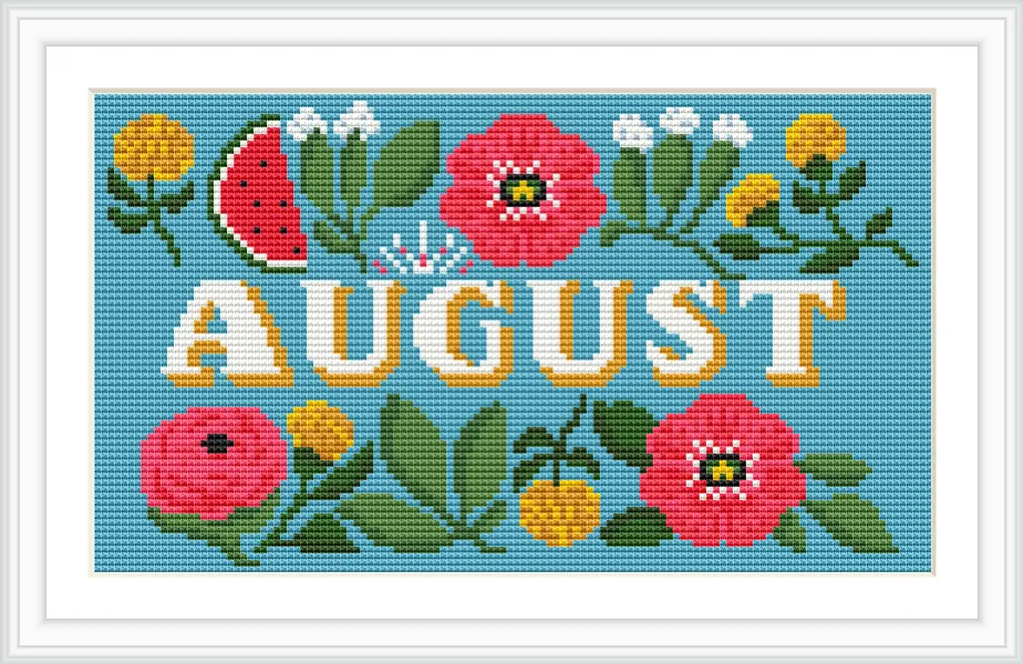 The image features the word 'AUGUST' in bold letters, surrounded by an arrangement of flowers, leaves, and a slice of watermelon on a blue background.