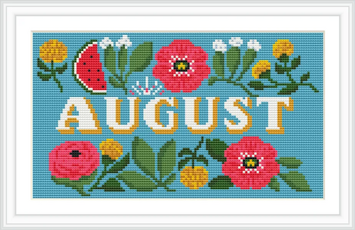 The image features the word 'AUGUST' in bold letters, surrounded by an arrangement of flowers, leaves, and a slice of watermelon on a blue background.