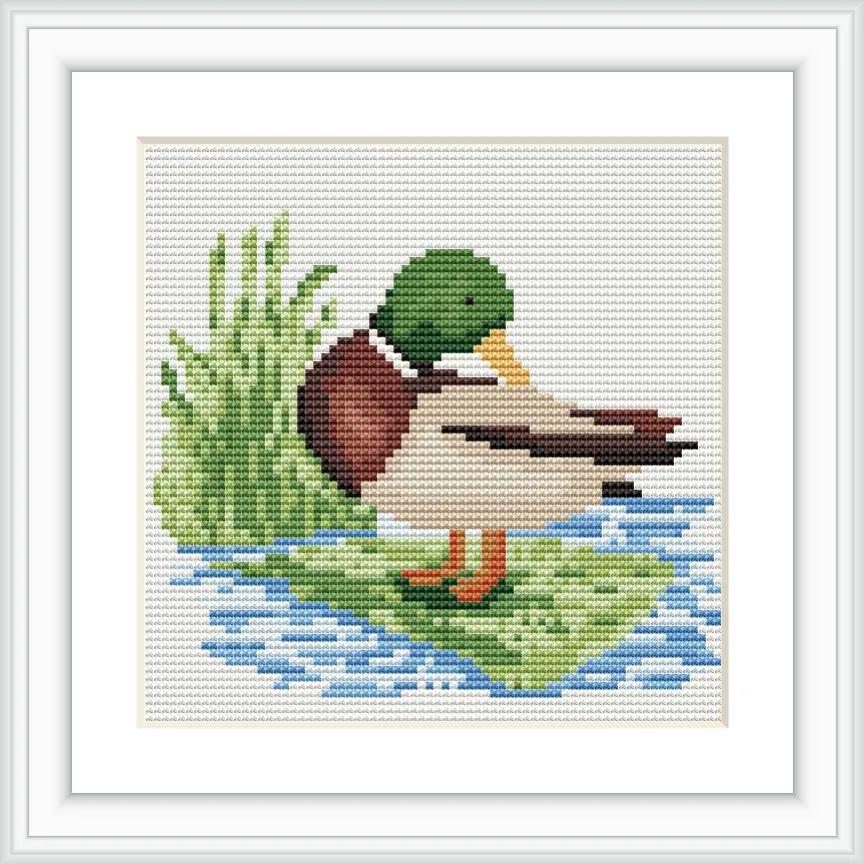 The image depicts a duck with a green head standing by a pond. It is surrounded by green grass, and the water reflects shades of blue.