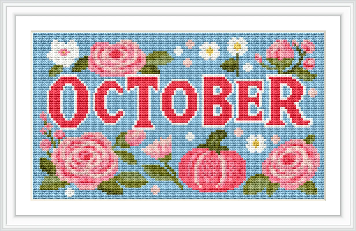 The image features the word 'OCTOBER' in bold red letters surrounded by pink roses and small white flowers with a background of blue. A pumpkin is nestled among the flowers.