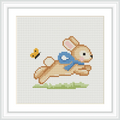 The image depicts a light brown bunny with a blue ribbon leaping through the air. A small yellow butterfly flutters by its side, with a patch of green grass visible below.