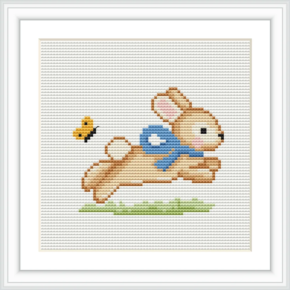 The image depicts a light brown bunny with a blue ribbon leaping through the air. A small yellow butterfly flutters by its side, with a patch of green grass visible below.