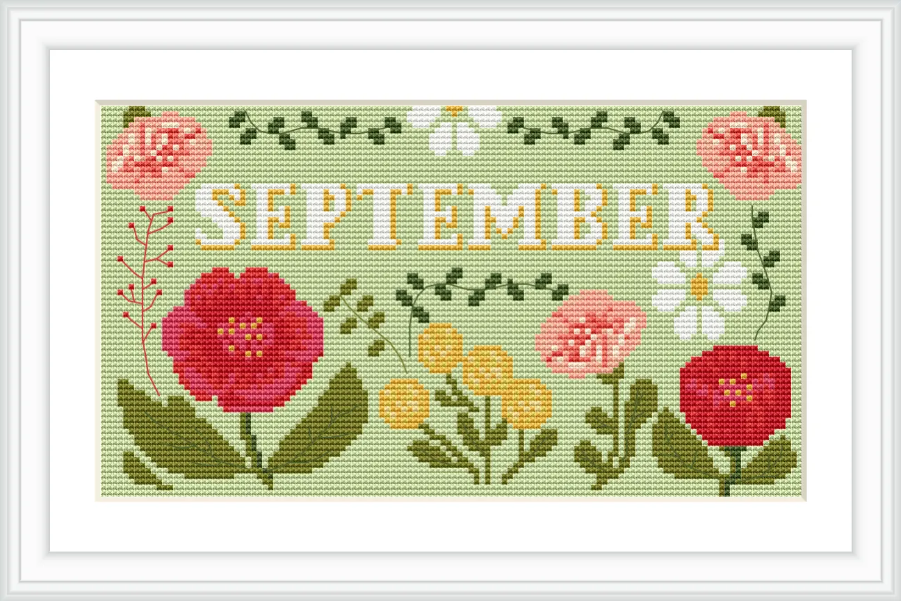 The pattern features the word 'September' in bold letters surrounded by blooming flowers, leaves, and stems, all set against a pale green background.