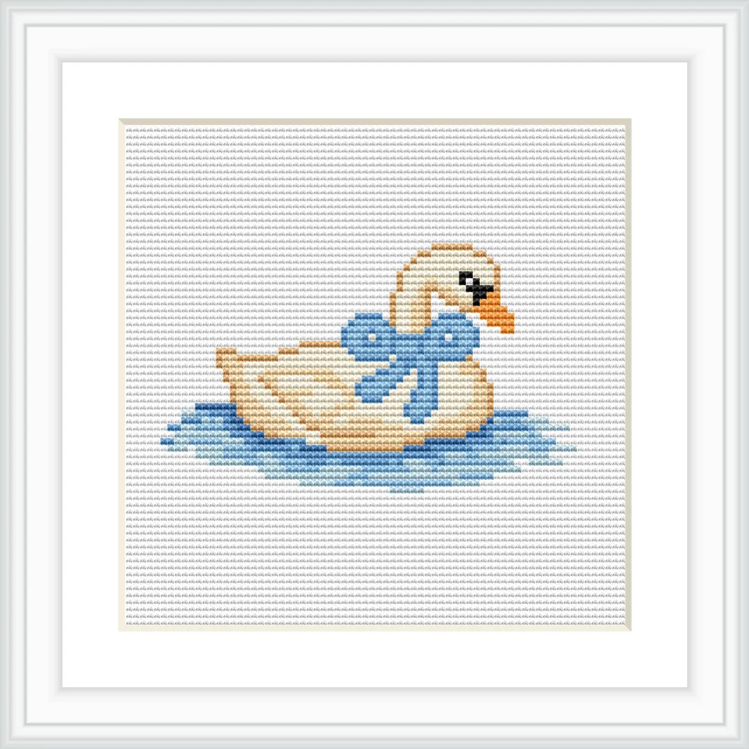 The image depicts a goose swimming on a calm pond, wearing a blue bow, centered in the frame.