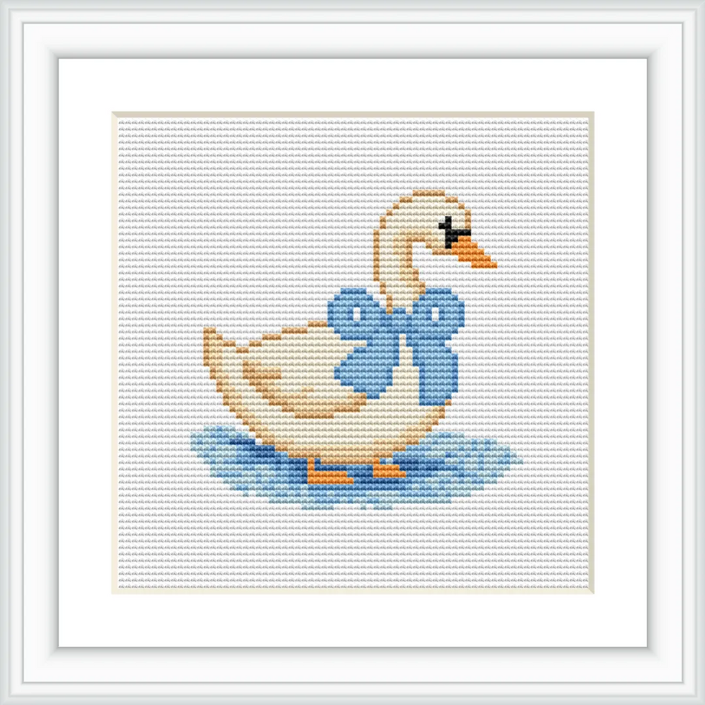 The image features a goose with a blue bow around its neck, standing on a patch of blue that resembles water or shadow.
