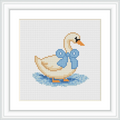 The image features a goose with a blue bow around its neck, standing on a patch of blue that resembles water or shadow.