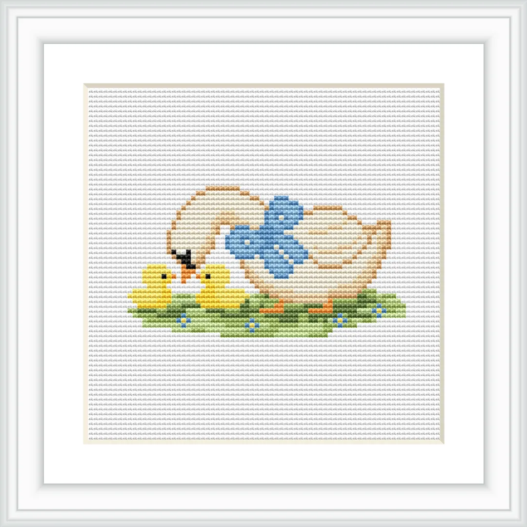 A goose with a blue bow is in the center, surrounded by two yellow goslings on a patch of grass with small blue flowers.