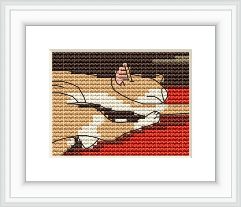 The image contains a simplified depiction of a cat lying down. The cat is positioned slightly to the right, occupying most of the image. The background consists of horizontal stripes in brown, black, and red.