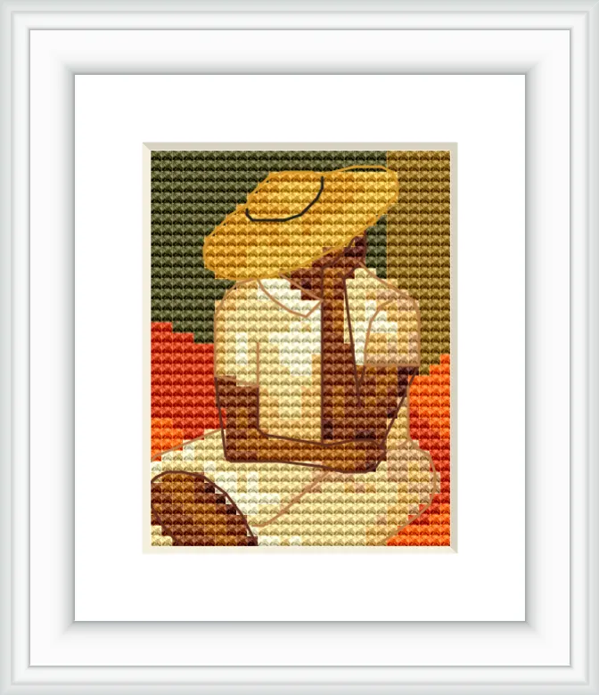 The image depicts a girl seated with her body slightly turned away, wearing a yellow hat and a white dress. She is placed against a backdrop of earthy tones filling the surrounding area.