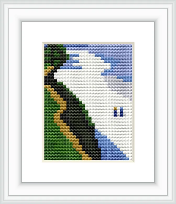 A small depiction of a beach scene with a white sandy coastline, green trees, and blue water under a blue sky.