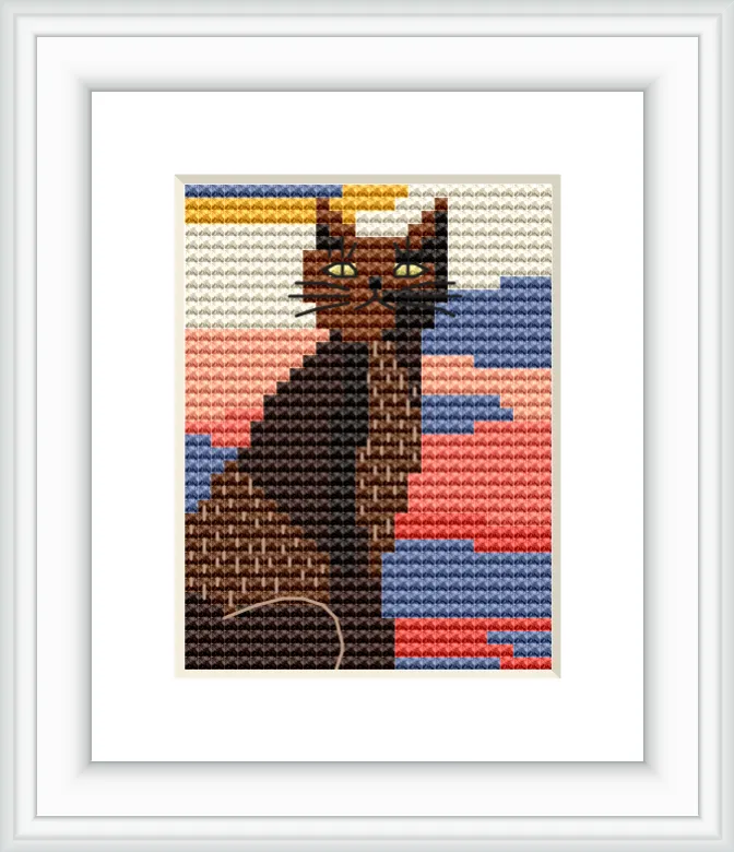 The scene depicts a brown cat sitting against a background of a vibrant sunset. The sky is painted with shades of orange, blue, and yellow, creating a geometric landscape.