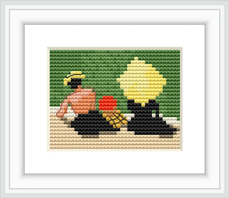 Two figures are lounging on the beach. One is facing away and wearing a hat, while the other appears to be wearing a large brimmed sun hat. They are on a sandy shore with greenery in the background.