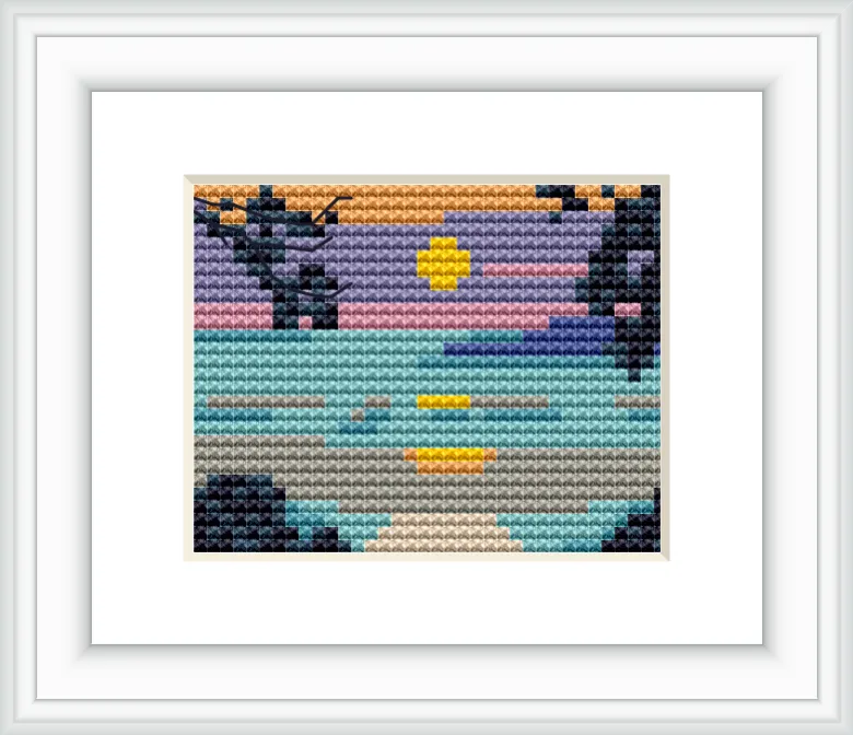 A scenic landscape shows a vibrant sunset with a mix of orange and violet hues. The sun sets on the horizon, casting a reflection on the water. Silhouetted trees frame the scene, adding depth and contrast.