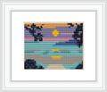A scenic landscape shows a vibrant sunset with a mix of orange and violet hues. The sun sets on the horizon, casting a reflection on the water. Silhouetted trees frame the scene, adding depth and contrast.
