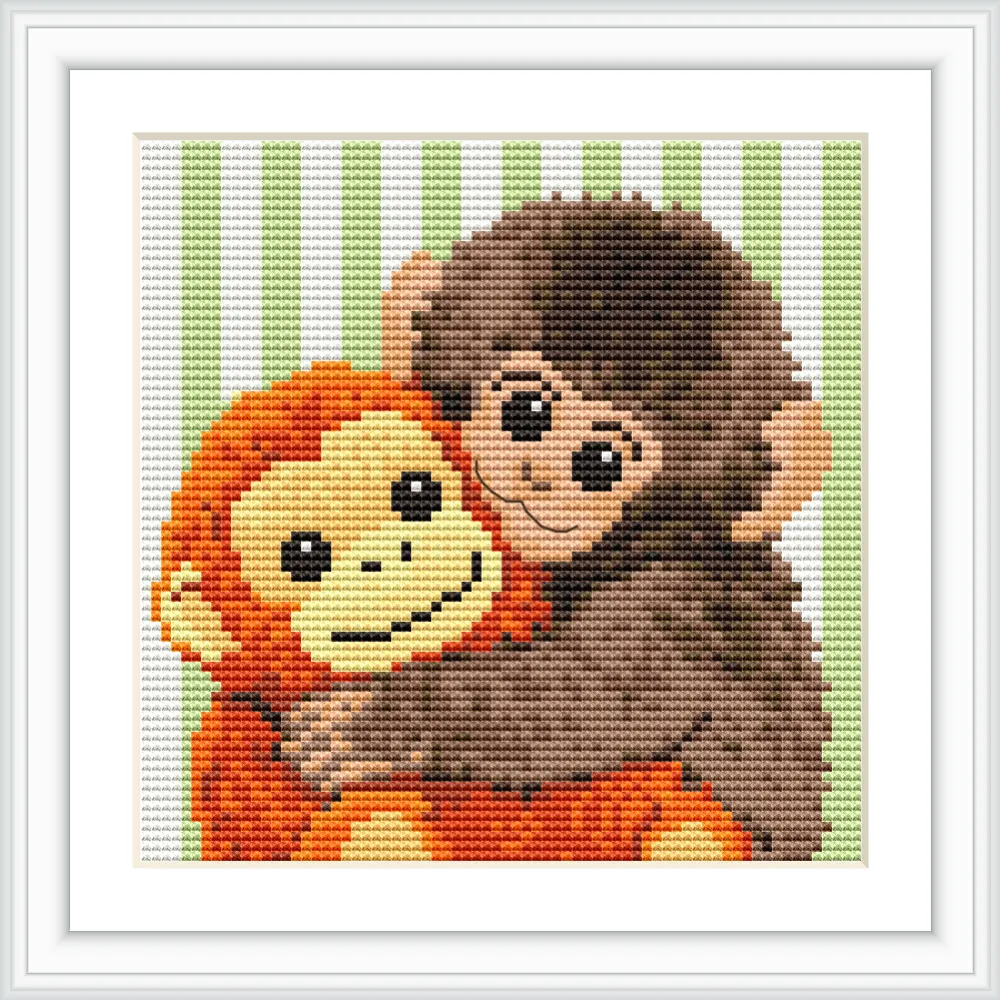 The scene depicts two monkeys cuddling closely, with a green and white striped background.