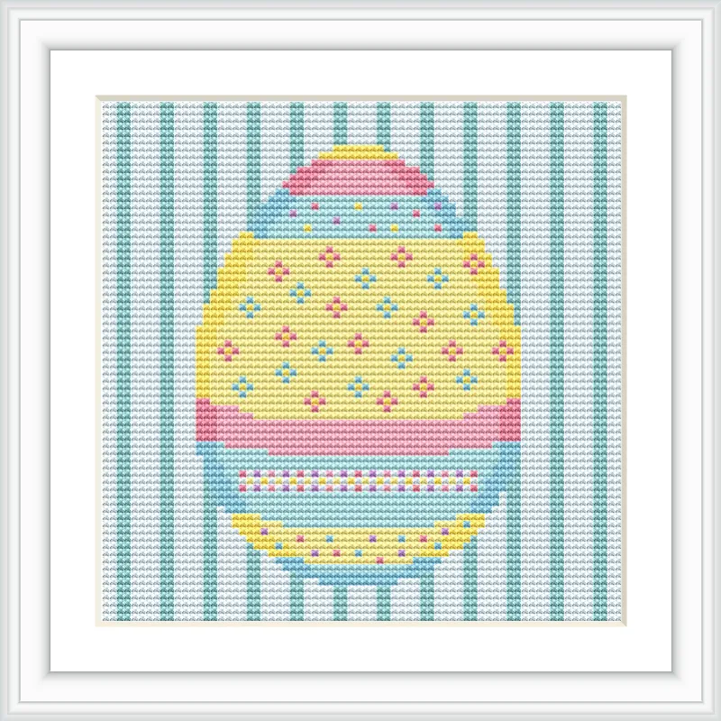 The image features a single Easter egg adorned with stripes and dots, centered on a background with vertical teal stripes.