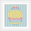 The image features a single Easter egg adorned with stripes and dots, centered on a background with vertical teal stripes.