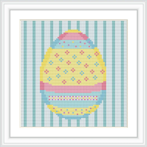 The image features a single Easter egg adorned with stripes and dots, centered on a background with vertical teal stripes.