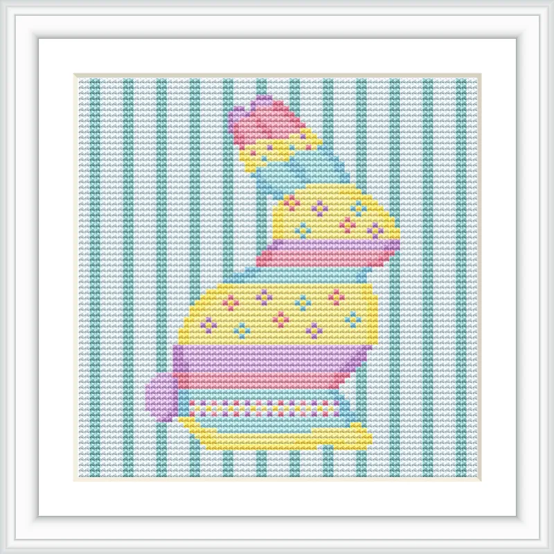 A stylized bunny is depicted in patterned pastel colors set against a vertical striped background, occupying the central space of the frame.