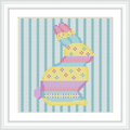 A stylized bunny is depicted in patterned pastel colors set against a vertical striped background, occupying the central space of the frame.
