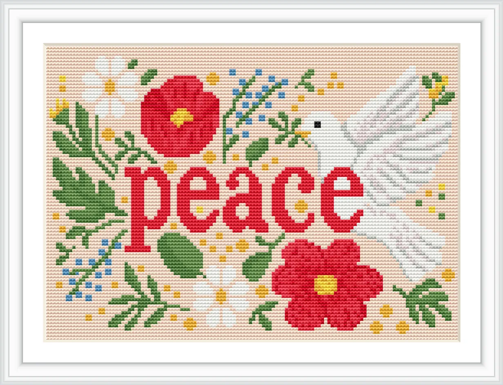 The image features a white dove positioned to the right, surrounded by vibrant red and white flowers, green leaves, and the word 'peace' in bold red letters.