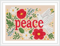 The image features a white dove positioned to the right, surrounded by vibrant red and white flowers, green leaves, and the word 'peace' in bold red letters.