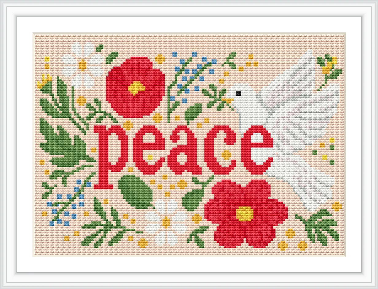 The image features a white dove positioned to the right, surrounded by vibrant red and white flowers, green leaves, and the word 'peace' in bold red letters.
