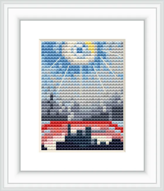 A city skyline is depicted beneath sun rays emerging from a bright light, with bold geometric patterns and a harmonious color transition from dark to light.