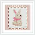 The image features a central beige bunny with a pink ribbon around its neck. It is positioned against a white background with a pink striped border and a brown stitched outline.