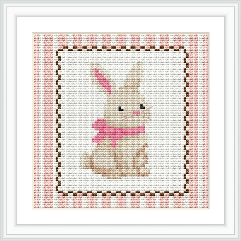The image features a central beige bunny with a pink ribbon around its neck. It is positioned against a white background with a pink striped border and a brown stitched outline.