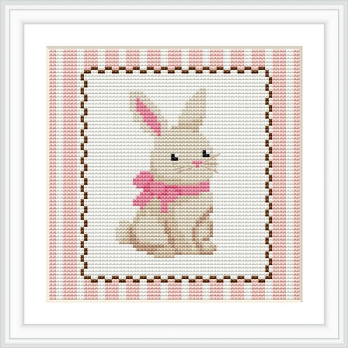 The image features a central beige bunny with a pink ribbon around its neck. It is positioned against a white background with a pink striped border and a brown stitched outline.