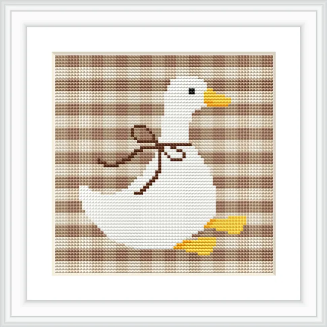 The image features a white goose adorned with a brown bow, walking on a patterned brown plaid background.