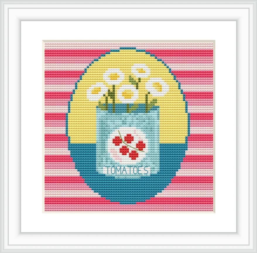 The image depicts a cross stitch design of white flowers standing inside a blue jar labeled 'Tomatoes'. The jar is set against a colorful striped pink and red background with circular yellow and blue sections.