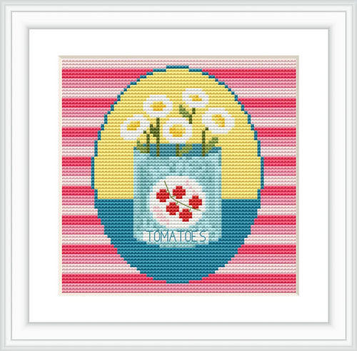 The image depicts a cross stitch design of white flowers standing inside a blue jar labeled 'Tomatoes'. The jar is set against a colorful striped pink and red background with circular yellow and blue sections.
