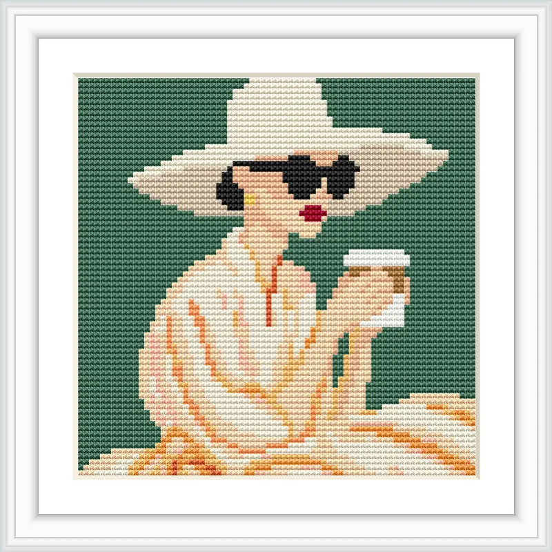 The image depicts a woman in large black sunglasses and a white hat, holding a cup of coffee. She is wearing a peach-colored outfit against a green background.