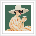 The image depicts a woman in large black sunglasses and a white hat, holding a cup of coffee. She is wearing a peach-colored outfit against a green background.