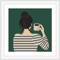 A woman with a bun hairstyle is seen from the back, holding a coffee mug in her right hand. She is wearing a striped sweater and stands against a dark green background.
