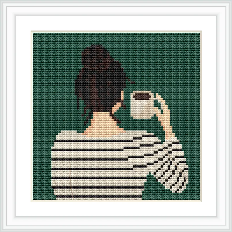 A woman with a bun hairstyle is seen from the back, holding a coffee mug in her right hand. She is wearing a striped sweater and stands against a dark green background.