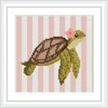 The image features a turtle with a decorative pink bow on its head, set against a background of vertical pink and white stripes.