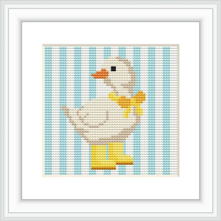 A cute duck wearing a yellow bow and yellow boots stands against a blue striped background, centered in the frame.
