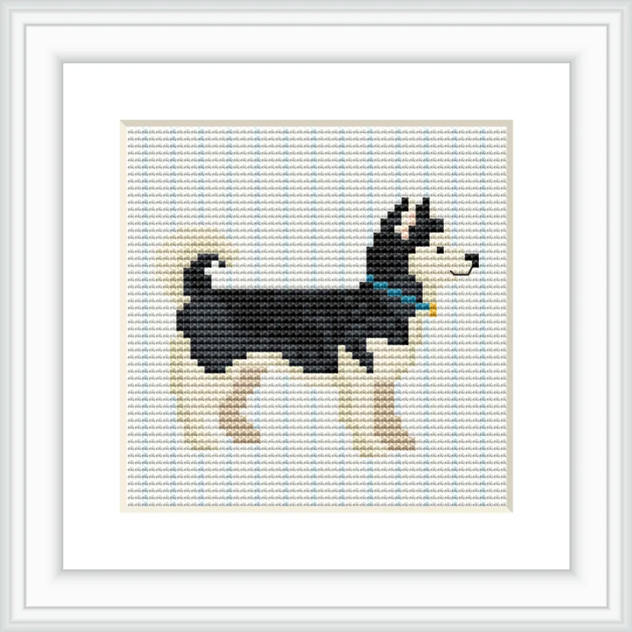 The image features a cross stitch pattern of a husky dog. The dog is standing and facing to the side. It has a blue collar.