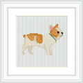 The image shows a cross stitch pattern of a Boston Terrier in profile, with a blue collar, set against a white background.