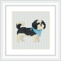A cross stitch pattern of a Shih Tzu dog, wearing a blue scarf, positioned centrally on a neutral background.