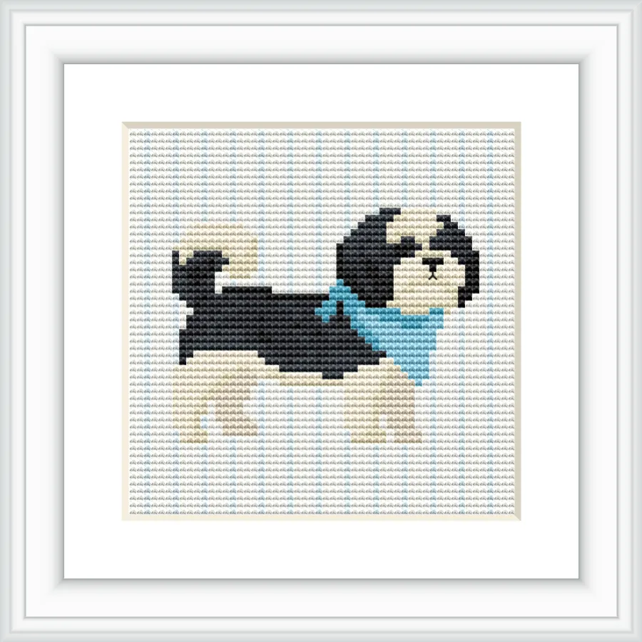 A cross stitch pattern of a Shih Tzu dog, wearing a blue scarf, positioned centrally on a neutral background.