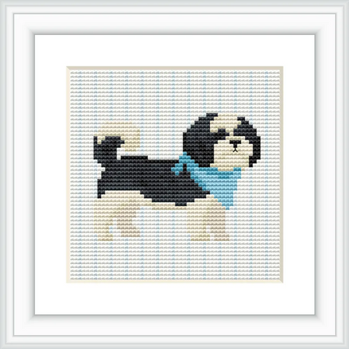 A cross stitch pattern of a Shih Tzu dog, wearing a blue scarf, positioned centrally on a neutral background.