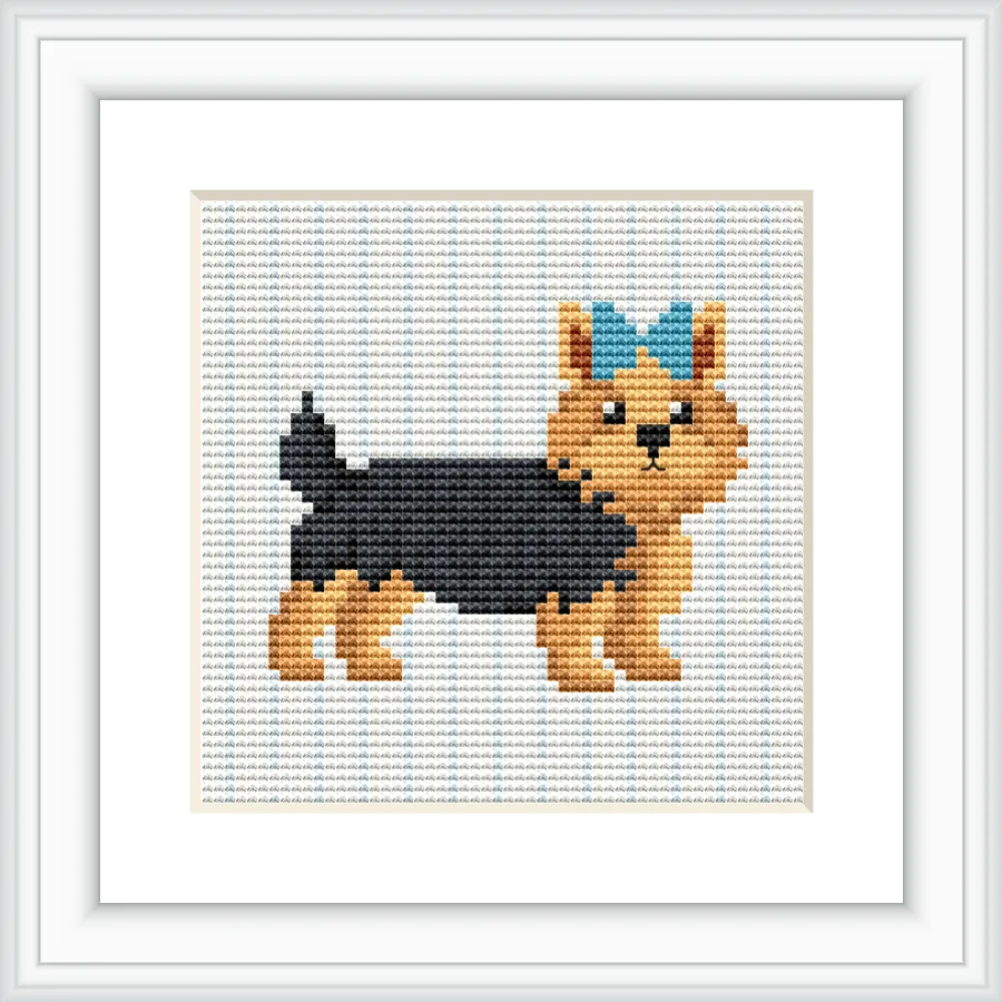 A cross stitch pattern of a Yorkshire Terrier with a blue bow, depicted on a simple background.
