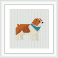 The image features a cross-stitched bulldog wearing a blue bandana, centered in a grid pattern on a white background, framed neatly.