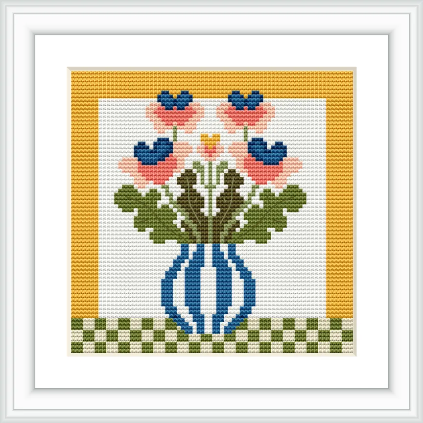 The design features a blue and white vase holding five stylized flowers with blue and pink petals. There is a checkerboard pattern at the base.